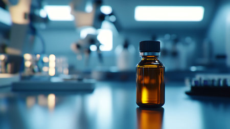 Liquid filled bottle in a science lab focused on scientific testing and chemical compound research.の写真素材