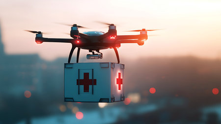 Medical drone delivering aid over the city at sunset revolutionizing healthcare with speed and efficiency.の写真素材