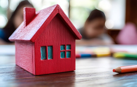 Small red house model on a wooden table with children drawing in the background focusing on imagination.の写真素材