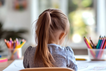 Girl drawing at table with colorful pencils Focus on creativity learning and early childhood.の写真素材