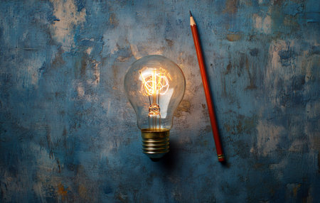 Illuminated Light Bulb and Pencil on Rustic Background.の写真素材