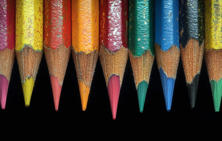 Close-up of colorful pencils with sharp tips ready to draw and create art on a stark black backdrop.の写真素材