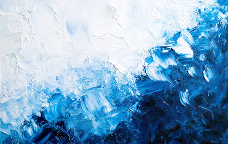 Abstract painting with textured brushstrokes in shades of white and blue creating a dynamic composition.の写真素材