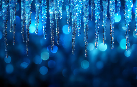 Icy wonders: frozen droplets cascade against a blurred backdrop of cool blues creating a winter's...