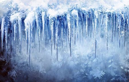 Frozen Waterfall: Captivating icicles cascade down glistening with winter's icy touch a sight to behold.の写真素材