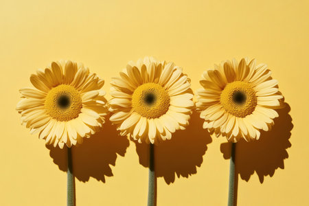Three yellow Gerbera daisies create a bright sunny floral display Floral art summer vibes joyful color.の写真素材