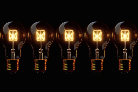 Illuminated bulbs: A row of glowing light bulbs in a dark setting representing ideas and innovation.の写真素材