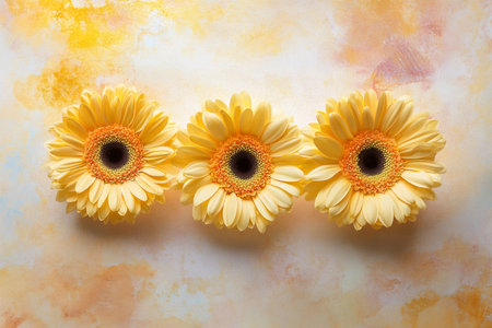 Three vibrant yellow gerbera daisies in a row radiating warmth and freshness on a textured backdrop.の写真素材