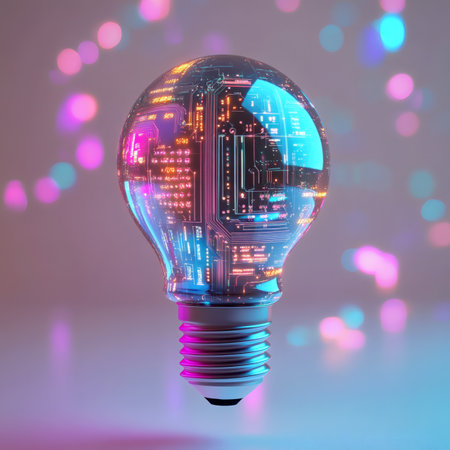 Digital Circuitry: Light bulb with digital circuitry representing innovation and advanced technology.の写真素材