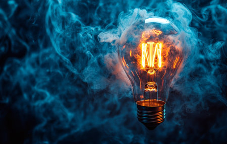 Illuminated bulb enveloped in a mysterious blue haze A bright idea or the calm before the storm.の写真素材