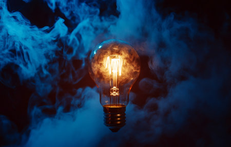 Illuminated Idea: A light bulb glows with creative energy surrounded by a cloud of vibrant smoke.の写真素材