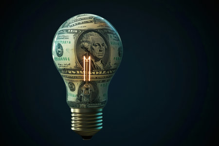 Monetary Idea: Light bulb covered in cash symbolizing concepts of financial growth and investment...