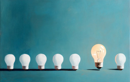 Bright idea: a glowing lightbulb shines among a row of unlit bulbs symbolizing innovation and creativity.の写真素材