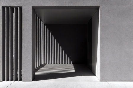 Architectural abstract with light and shadow creating depth and contrast Vertical lines define the space.の写真素材