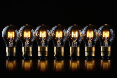 A row of light bulbs glow with warmth their reflections shimmering on the dark surface below.の写真素材