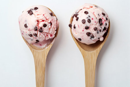 Two wooden spoons hold scoops of pink ice cream with chocolate chips on a white background Tasty treats.の写真素材