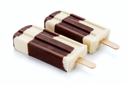 Two frozen dessert bars with alternating dark and light colored stripes on wooden sticks Summer treat.の写真素材