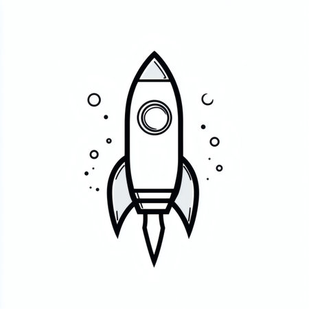 Simple cartoon style illustration of a space rocket ship on a white background with dotted decoration.の写真素材