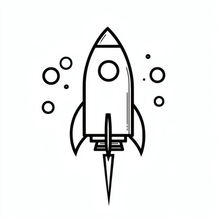 Rocket ship soars spewing exhaust and surrounded by floating circles in a black and white illustration.の写真素材