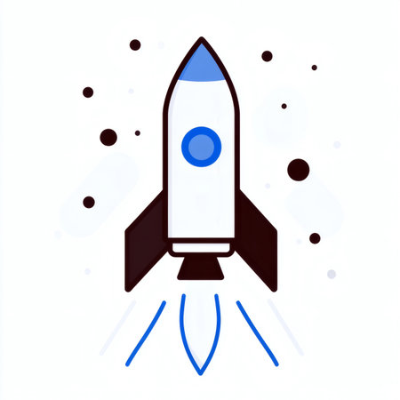 A stylized cartoon rocket is launching into space with blue flames on a white background with dots.の写真素材
