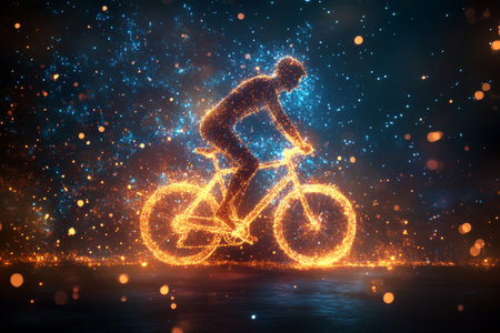 Glowing cyclist riding on cosmic road illuminated by starlight and energy High-tech futuristic.の写真素材