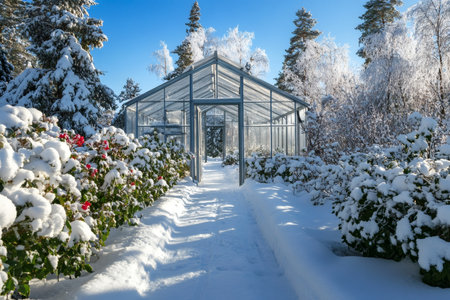 Winter wonderland: A glass greenhouse amidst snow-covered gardens and frosted trees on a bright sunny day.の写真素材