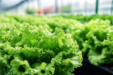 Rows of vibrant green lettuce thriving in a greenhouse Fresh healthy leafy greens for salads and cooking.の写真素材
