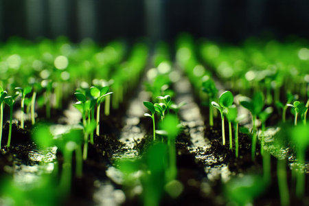 Rows of vibrant green seedlings sprout from the earth promising new growth and abundant greenery.の写真素材