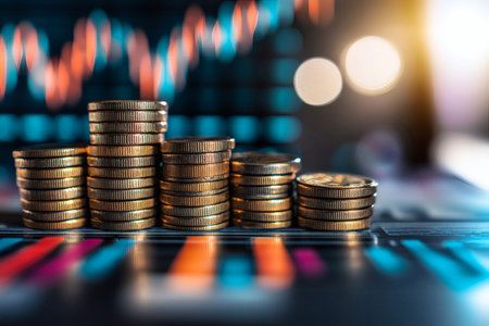 Financial Growth: Stacks of coins symbolize investment and financial success charting a path to...