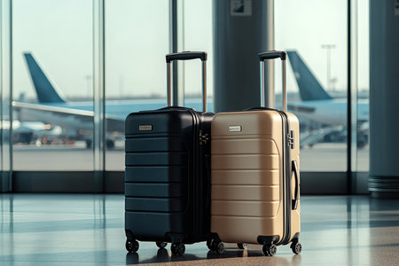 Travel Ready: Suitcases stand ready for departure at the airport promising new adventures and memories.の写真素材