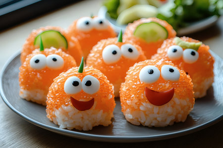 Playful sushi rice balls with cute faces and bright orange topping displayed on a grey plate.の写真素材