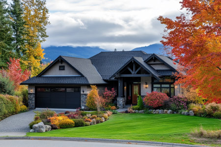 Luxury residence during autumn season with colorful trees and well-kept green lawn mountains in the back.の写真素材