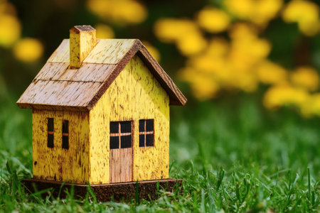 Miniature house in lush green grass a rustic wooden model bathed in sunlight with yellow flowers backdrop.の写真素材