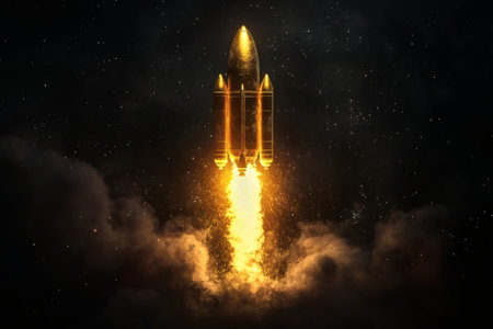 Rocket launch against the backdrop of space symbolizing exploration innovation and technological progress.の写真素材