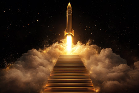 Rocket ascending above stairs representing achievement and progress towards a cosmic journey Golden...