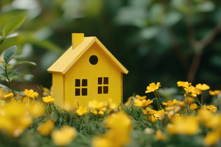 Miniature yellow house nestled amidst yellow flowers and greenery A symbol of home and nature's harmony.の写真素材