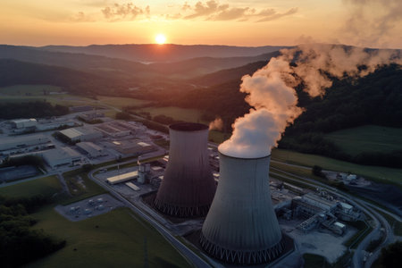 Energy Generation: A power plant with steam rising against a setting sun nestled in the mountains.の写真素材