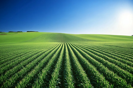 Lush green field with neat rows under a clear blue sky conveying agricultural beauty and vastness.