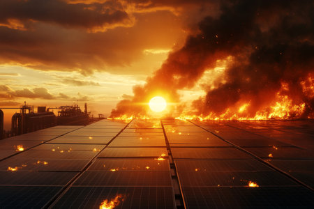 Solar Panel Inferno: A catastrophic fire engulfs a solar panel array under a smoky dramatic sky at sunset.の写真素材