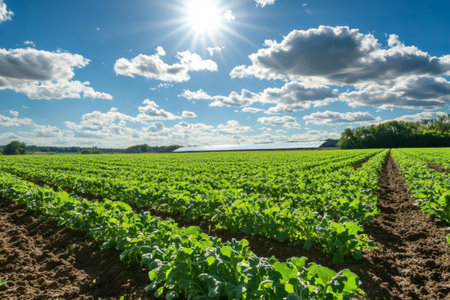 Lush green field under a bright sunny sky Crops growing in rows promising a bountiful harvest.の写真素材