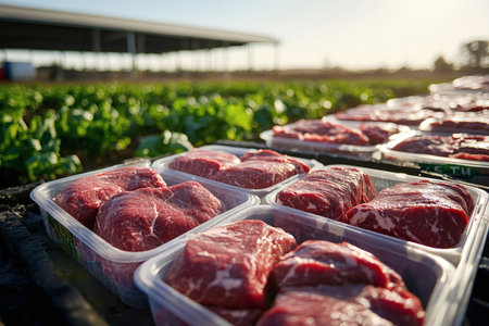 Fresh cuts of meat in trays arranged outdoors on a farm with a leafy vegetable crop in background.の写真素材