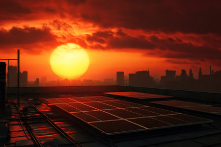Rooftop solar panels capture the setting sun over a city skyline in a warm orange and red ambiance.
