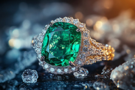Emerald dream: a mesmerizing jewel shimmering elegance in a luxurious setting of precious stones.の写真素材
