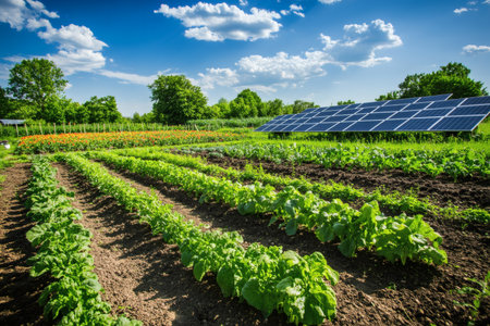 Agricultural field with solar panels showcasing sustainability and renewable energy integration in farming.の写真素材