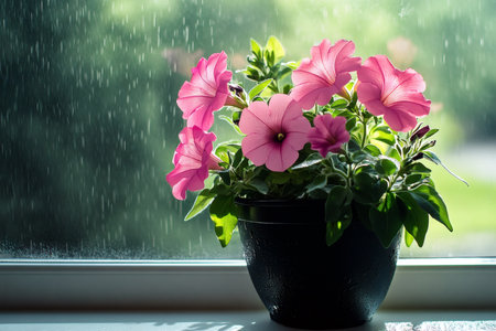 Pink flowers in a pot basking in sunlight amidst a gentle rain shower Serene indoor nature scene.の写真素材