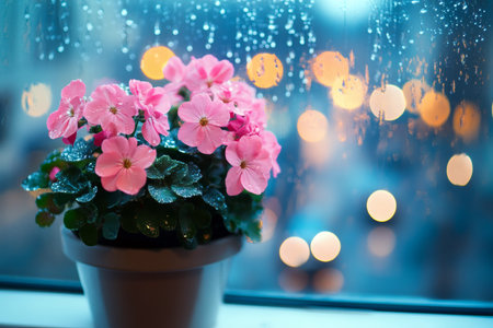 Pink flower pot on a windowsill with raindrops and city lights visible through the window on a rainy night.の写真素材