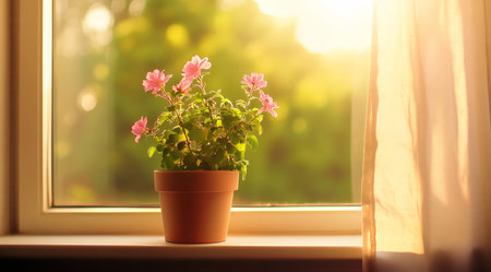Potted plant with pink flowers on a window sill bathed in warm sunlight creating a cozy atmosphere.の写真素材
