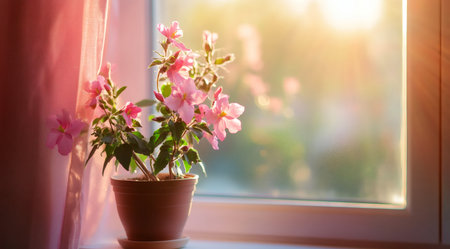 Pink blossoms in a pot basking in the soft glow of morning light near a window in a cozy room.