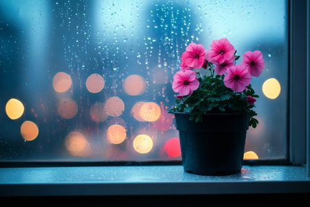 Pink Flowers by the Window: A vibrant bloom stands out against a rainy city backdrop soft lights.の写真素材