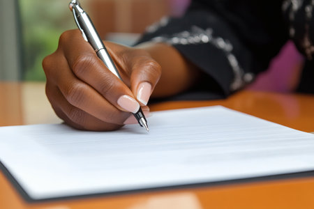 Close-up of a hand writing on a sheet of white paper with a silver pen on a wooden desk surface.